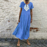 Cinessd - Women Peasant Ethnic Boho Cotton Linen Long Sleeve Maxi Dress