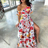 Cinessd - Women's Boho Maxi Dress Fashion Ladies Casual One Shoulder Floral Holiday Summer Beach Evening Party Long Sundress