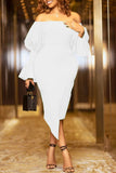 Cinessd White Casual Solid Backless Asymmetrical Off the Shoulder Long Sleeve Dresses