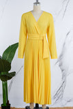 Cinessd Yellow Casual Solid Frenulum Pleated V Neck Long Sleeve Dresses