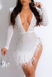 Cinessd White  Patchwork Hot Drilling See-through Beading V Neck Long Sleeve Dresses
