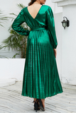 Cinessd Green Elegant Bronzing Frenulum Fold Reflective V Neck Pleated Dresses(With Belt)