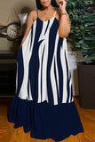 Cinessd Dark Blue White  Casual Print Backless Spaghetti Strap Long Dress Dresses
