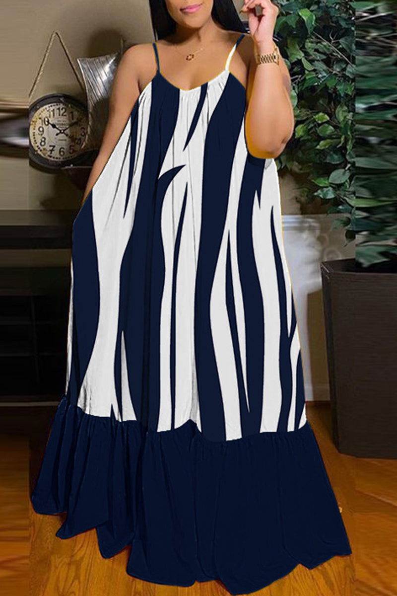 Cinessd Dark Blue  Casual Print Backless Spaghetti Strap Long Dress Dresses