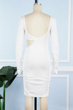 Cinessd White  Casual Solid Hollowed Out V Neck Long Sleeve Dresses