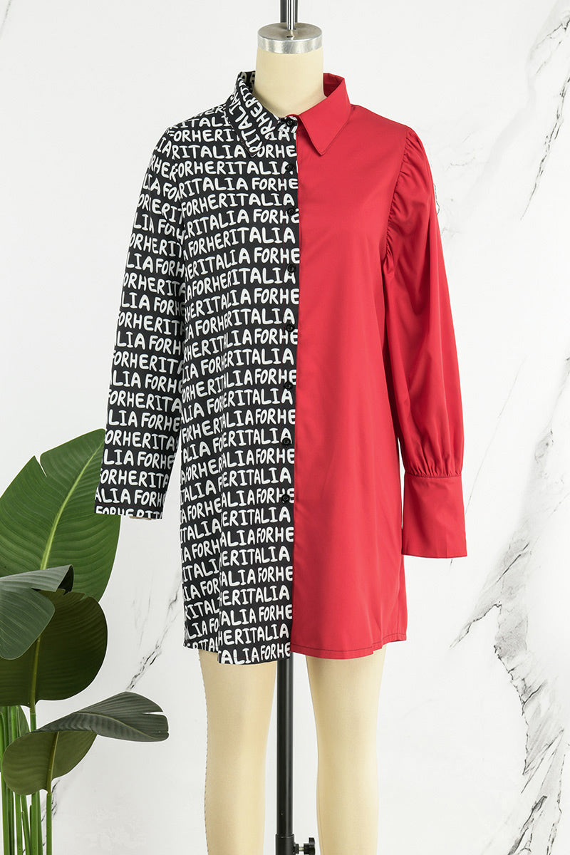 Cinessd Red Casual Letter Print Patchwork Turndown Collar Shirt Dress Dresses