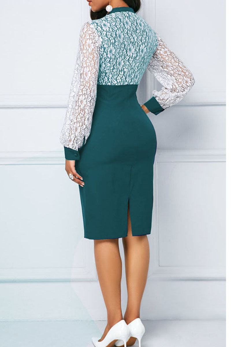 Cinessd Green Casual Elegant Solid Bandage Hollowed Out Patchwork O Neck One Step Skirt Dresses