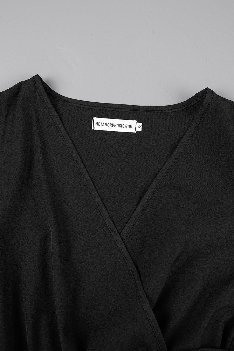 Cinessd Black Casual Solid Frenulum Pleated V Neck Long Sleeve Dresses