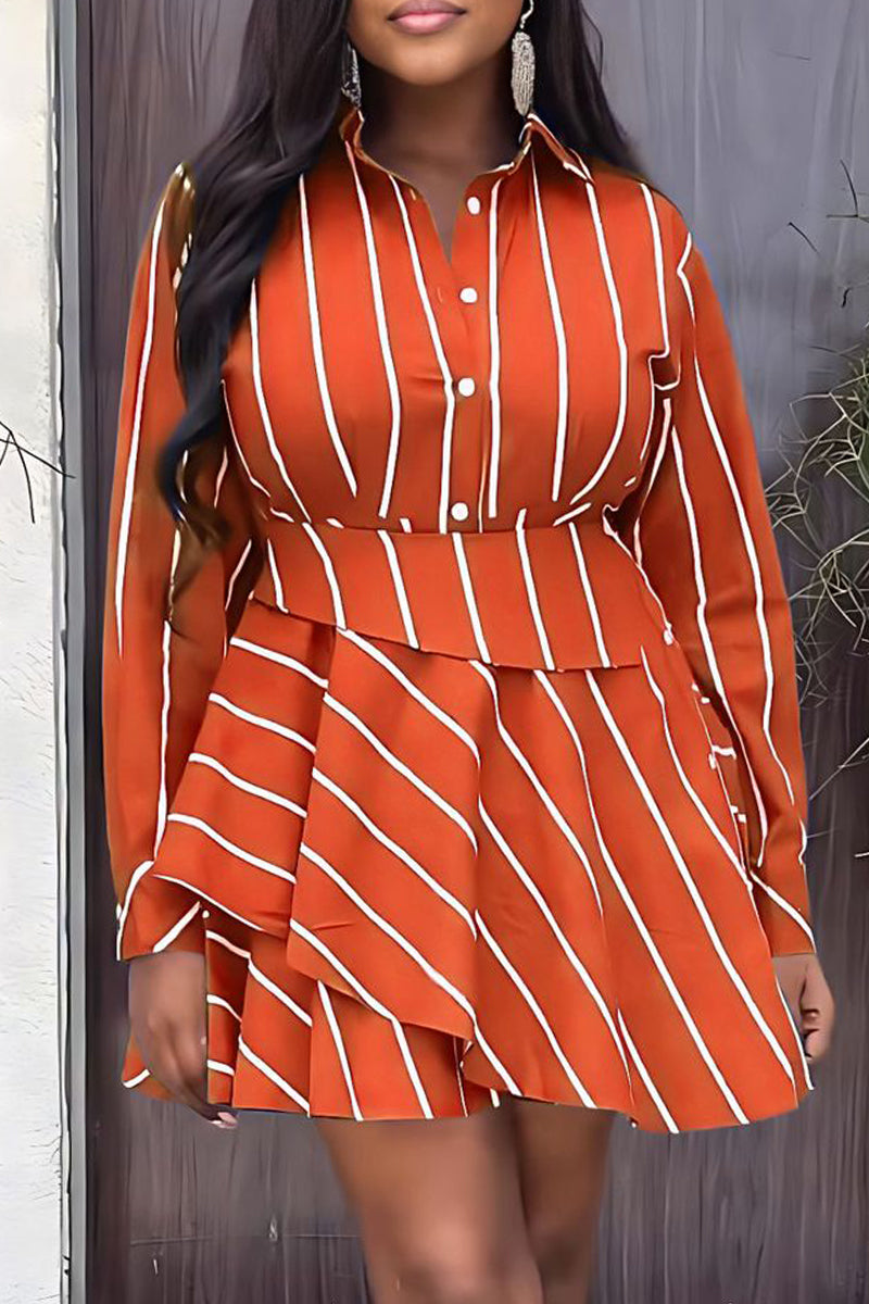 Cinessd Orange Casual Striped Print Patchwork Turndown Collar Dresses