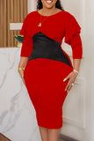 Cinessd Red Casual Patchwork Contrast O Neck Long Sleeve Dresses