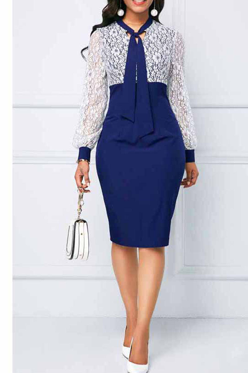 Cinessd Blue Casual Elegant Solid Bandage Hollowed Out Patchwork O Neck One Step Skirt Dresses