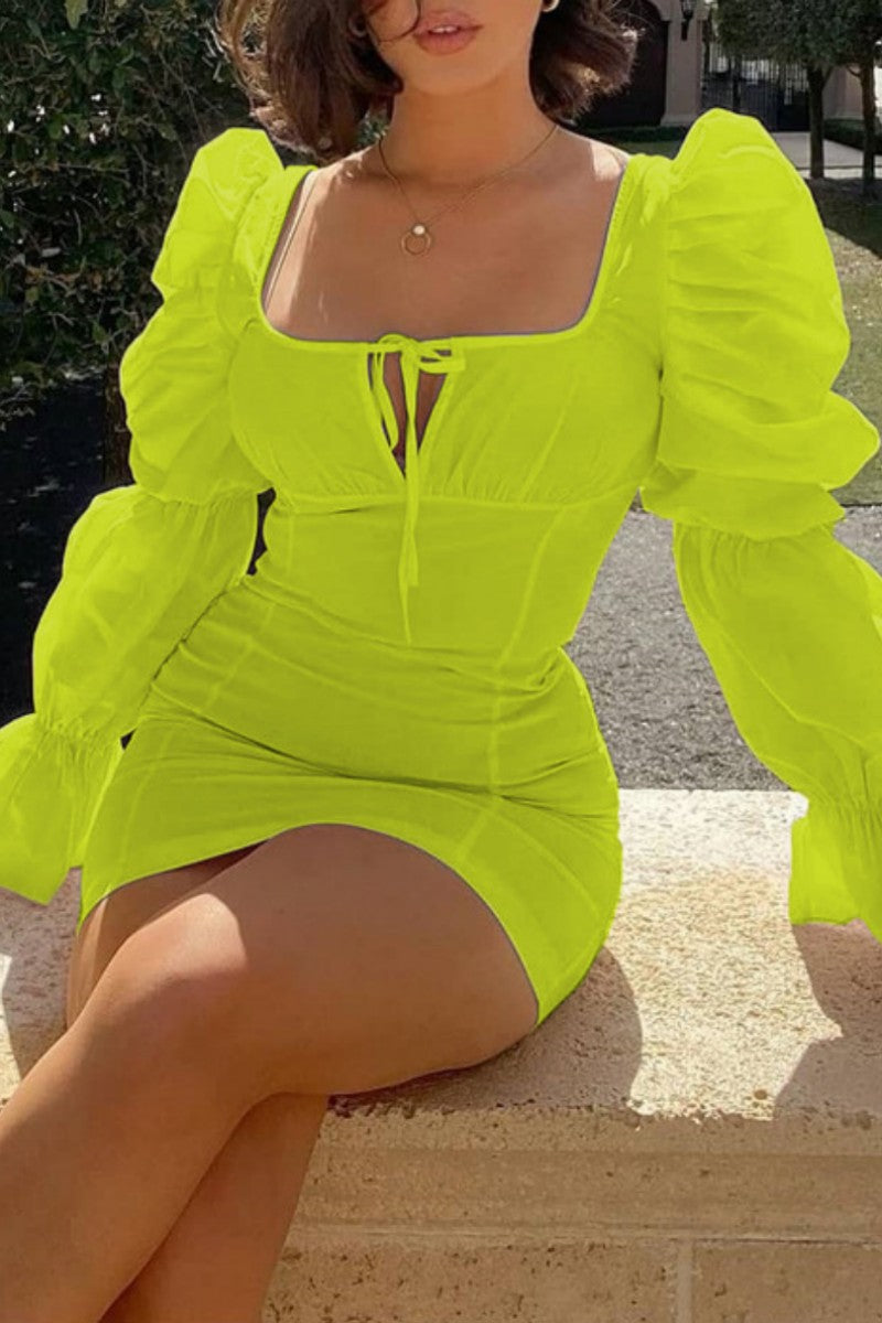 Cinessd Yellow Casual Solid Frenulum Square Collar Long Sleeve Dresses