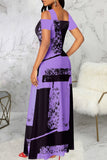 Cinessd Purple Casual Print Hollowed Out Square Collar Long Dress Dresses