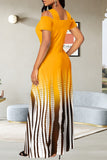 Cinessd Yellow Casual Print Hollowed Out V Neck Long Dress Dresses