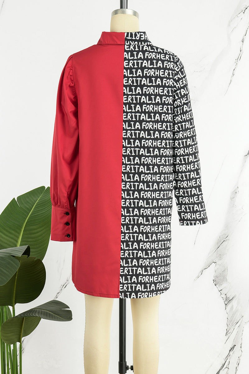 Cinessd Red Casual Letter Print Patchwork Turndown Collar Shirt Dress Dresses