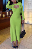Cinessd Light Green Casual Hollowed Out O Neck Long Sleeve Dresses