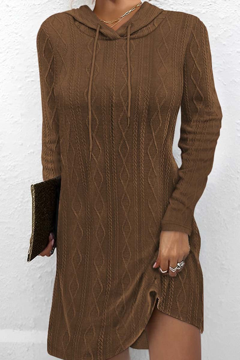 Cinessd Dark Brown Casual Solid Basic Hooded Collar Long Sleeve Dresses