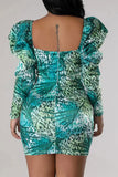 Cinessd Green Casual Print Patchwork Square Collar Long Sleeve Dresses