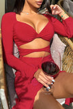 Cinessd Red Sexy Solid Hollowed Out V Neck Long Sleeve Dresses