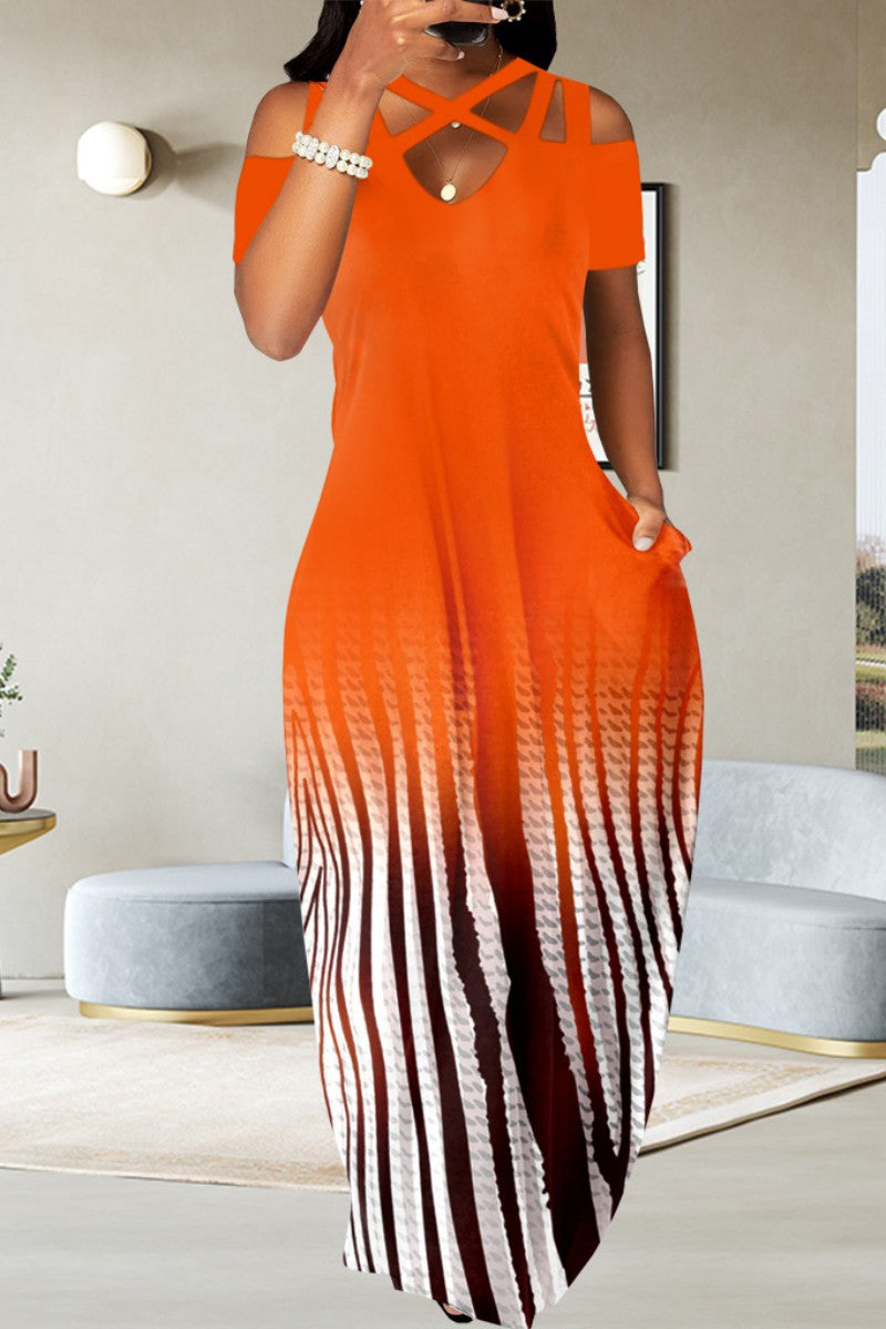 Cinessd Orange Casual Print Hollowed Out V Neck Long Dress Dresses