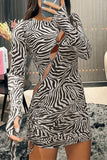 Cinessd Zebra  Celebrities Zebra Print Hollowed Out Patchwork Draw String Printing O Neck Mesh Dress Dresses