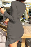 Cinessd Grey Sexy Solid Hollowed Out V Neck Long Sleeve Dresses