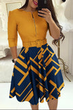 Cinessd Yellow Elegant Plaid Geometric Striped Patchwork With Belt Printing Zipper O Neck A Line Dresses