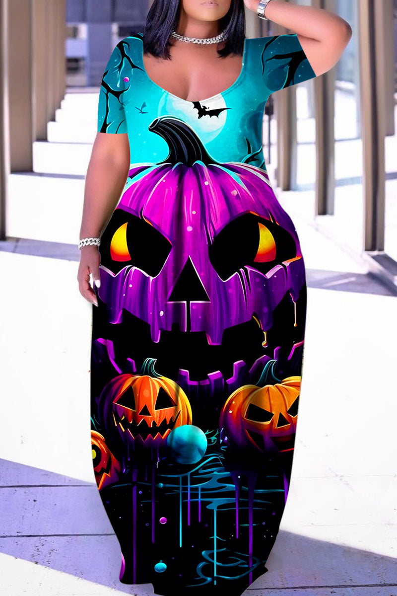 Cinessd Halloween Costume Blue Purple Casual Print Patchwork V Neck Short Sleeve Dress Dresses