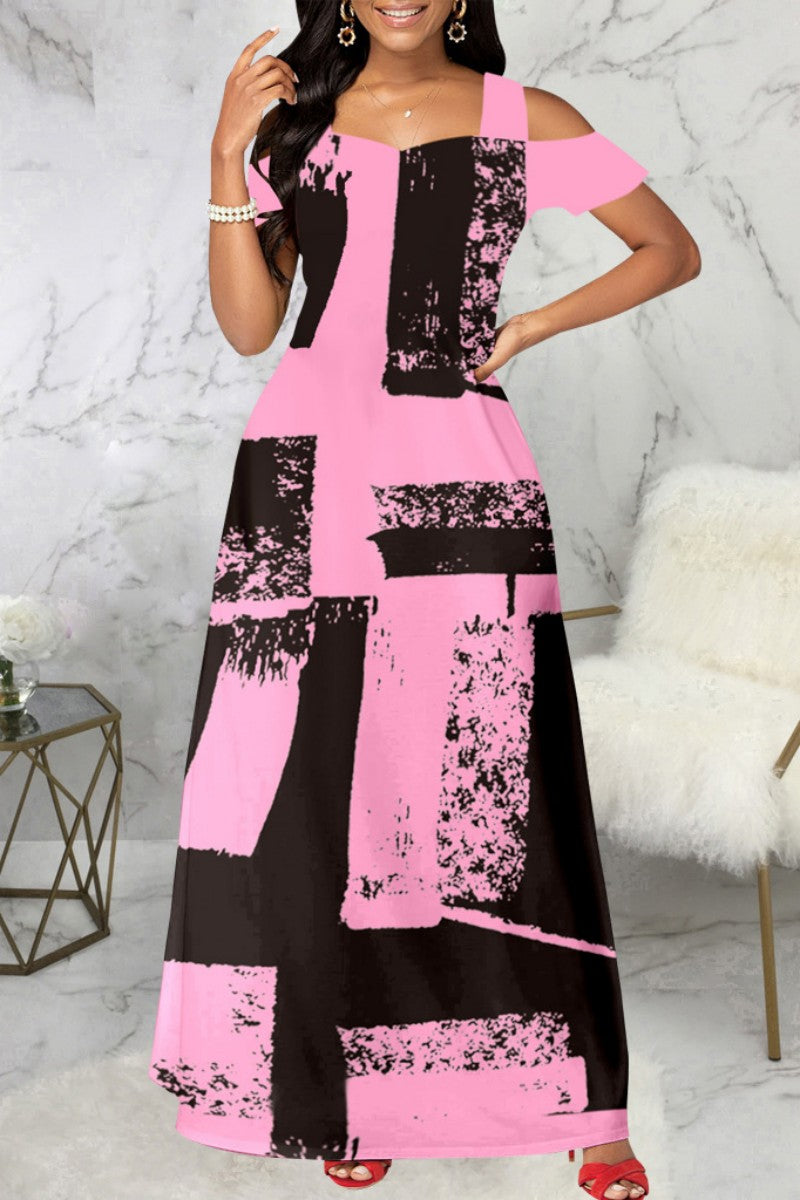 Cinessd Pink Casual Print Hollowed Out Square Collar Long Dress Dresses