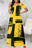 Cinessd Yellow Casual Print Hollowed Out Square Collar Long Dress Dresses
