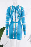 Cinessd Blue  Solid Patchwork See-through O Neck Long Sleeve Dresses