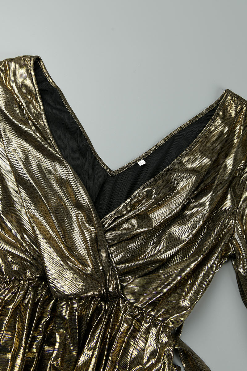 Cinessd Gold Elegant Bronzing Frenulum Fold Reflective V Neck Pleated Dresses(With Belt)