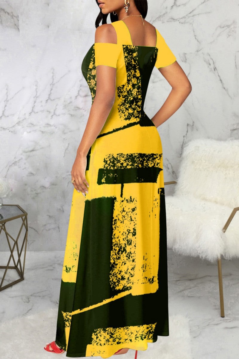 Cinessd Yellow Casual Print Hollowed Out Square Collar Long Dress Dresses