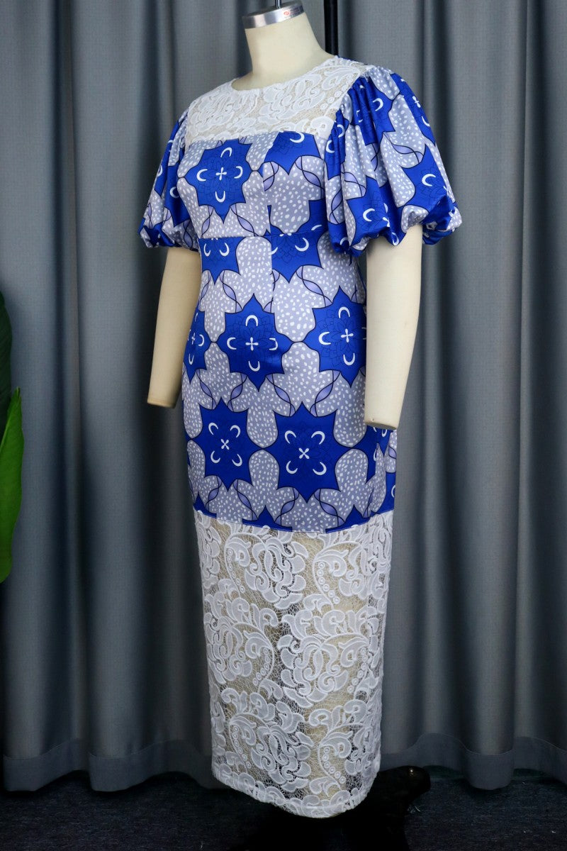 Cinessd Blue Casual Print Patchwork O Neck Wrapped Skirt Dresses (Subject To The Actual Object)