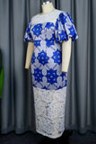 Cinessd Blue Casual Print Patchwork O Neck Wrapped Skirt Dresses (Subject To The Actual Object)
