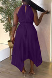 Cinessd Purple Casual Solid Hollowed Out Asymmetrical O Neck Pleated Dresses