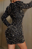 Cinessd Black  Casual Patchwork Sequins V Neck Long Sleeve Dresses