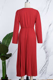 Cinessd Red Casual Solid Frenulum Pleated V Neck Long Sleeve Dresses
