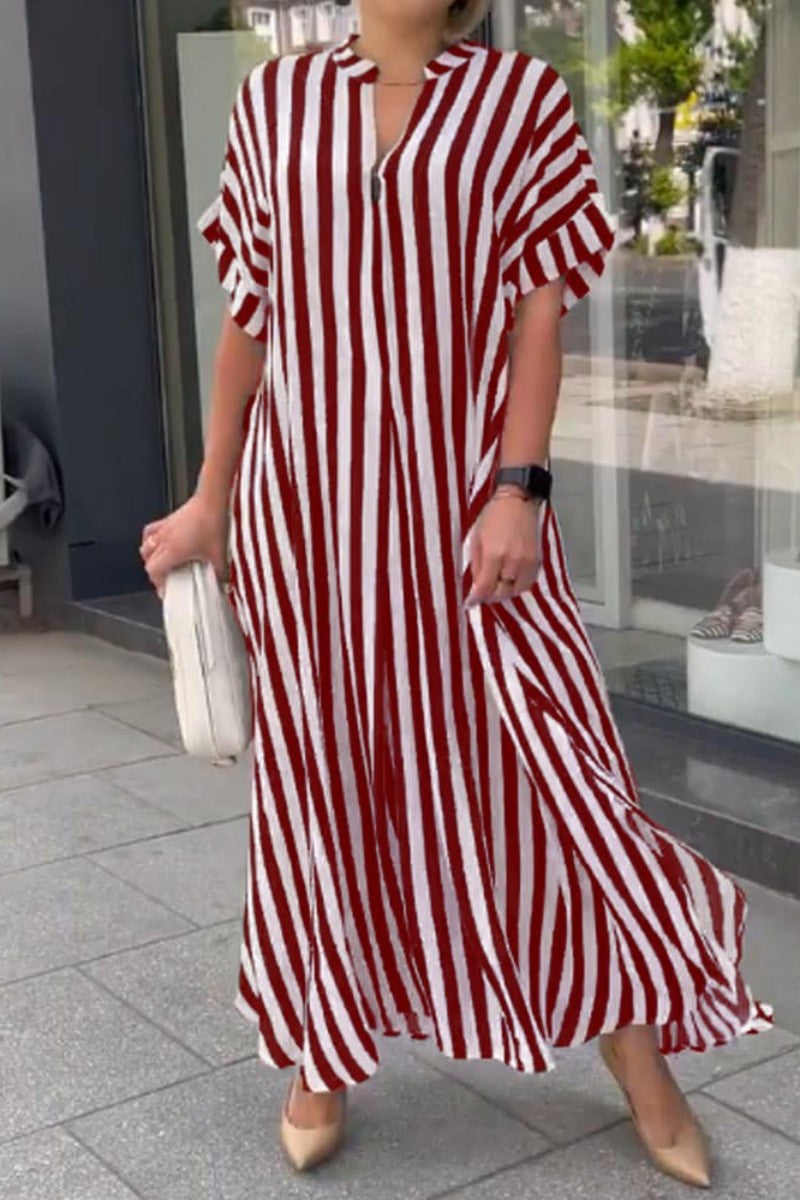 Cinessd Red Casual Striped Print Patchwork V Neck Long Dress Dresses