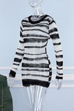 Cinessd Black  Casual Striped Hollowed Out See-through O Neck Long Sleeve Dresses