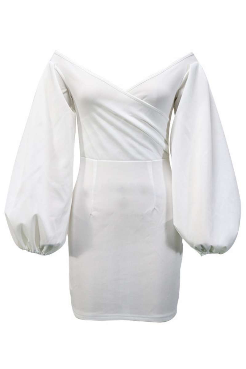 Cinessd White  Solid Backless V Neck Long Sleeve Dresses