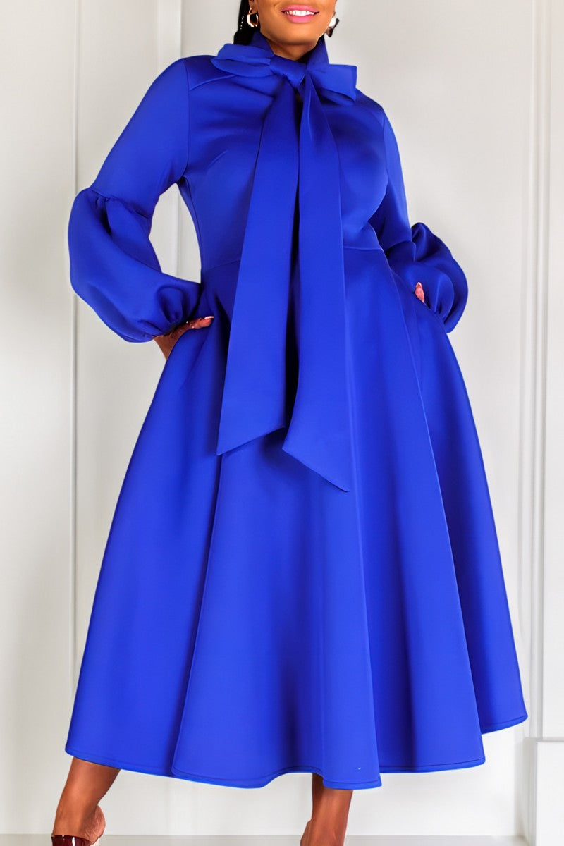 Cinessd Blue Casual Solid With Bow Half A Turtleneck Long Sleeve Dresses