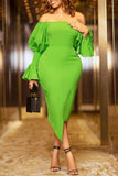 Cinessd Green Casual Solid Backless Asymmetrical Off the Shoulder Long Sleeve Dresses