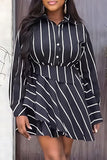 Cinessd Black Casual Striped Print Patchwork Turndown Collar Dresses