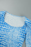 Cinessd Blue  Print Patchwork Square Collar One Step Skirt Dresses