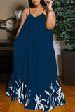 Cinessd Dark Blue  Casual Print Backless Spaghetti Strap Long Dress Dresses