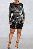 Cinessd Black  Patchwork Hot Drilling See-through O Neck Long Sleeve Dresses