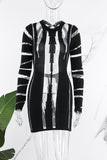 Cinessd Black  Solid Patchwork See-through O Neck Long Sleeve Dresses