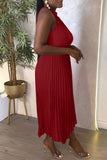 Cinessd Red Casual Solid Hollowed Out Asymmetrical O Neck Pleated Dresses