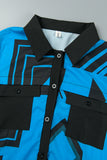Cinessd Blue Elegant Geometric Pocket Buckle Flounce Turndown Collar Shirt Dress Dresses